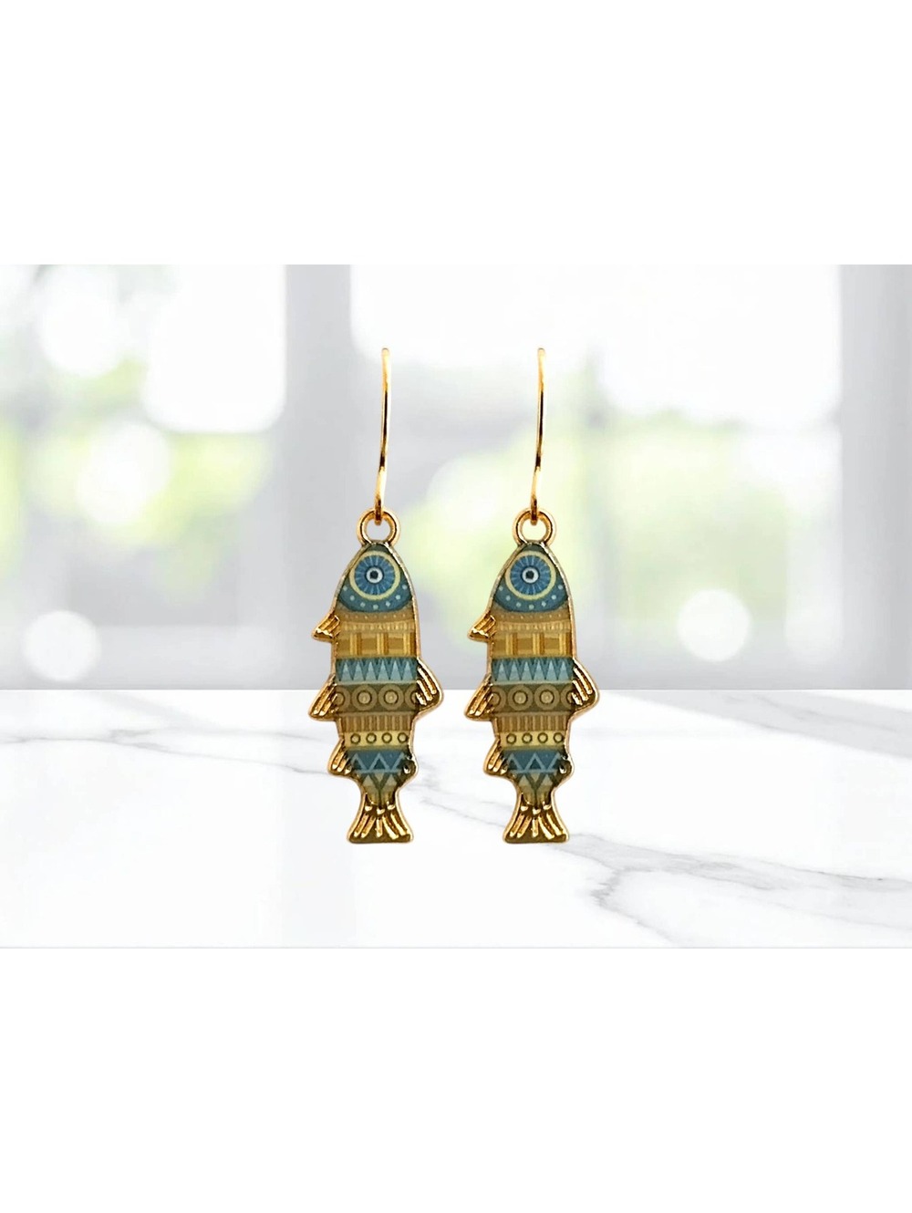 Gold and Blue Patterned Fish Hook Dangle Earrings